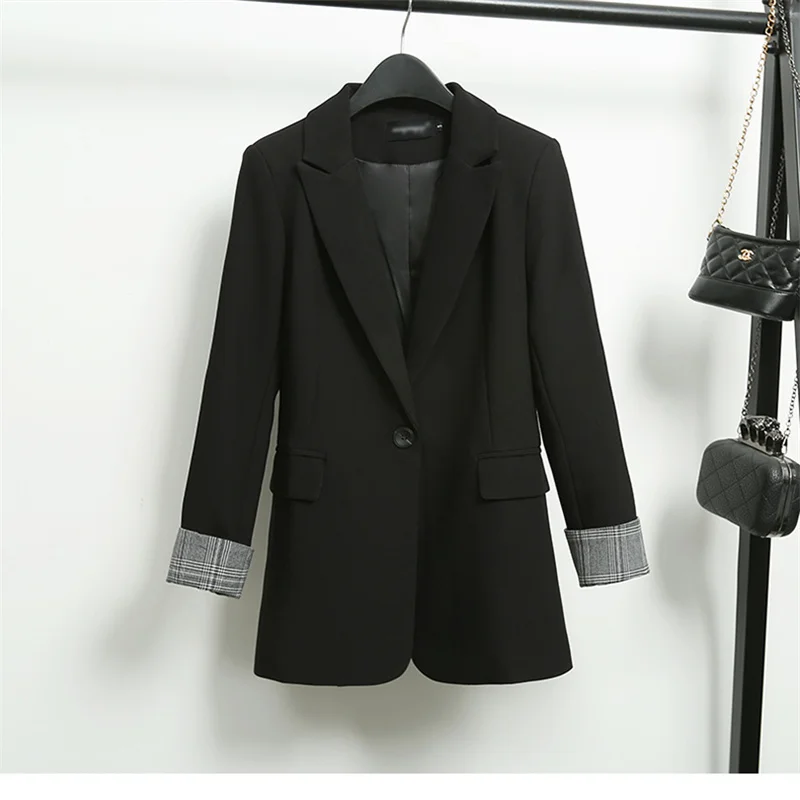 

Tailored collar Coat Plaid Black Fashion Blazers Business women suit Korean style loose Mid-Length Cotton Women's jacket
