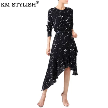 

Vestidos Dress Women 2019 Fall/Winter New Dress Black Star Floral Slim Slim Long Sleeve Irregular Dress Female