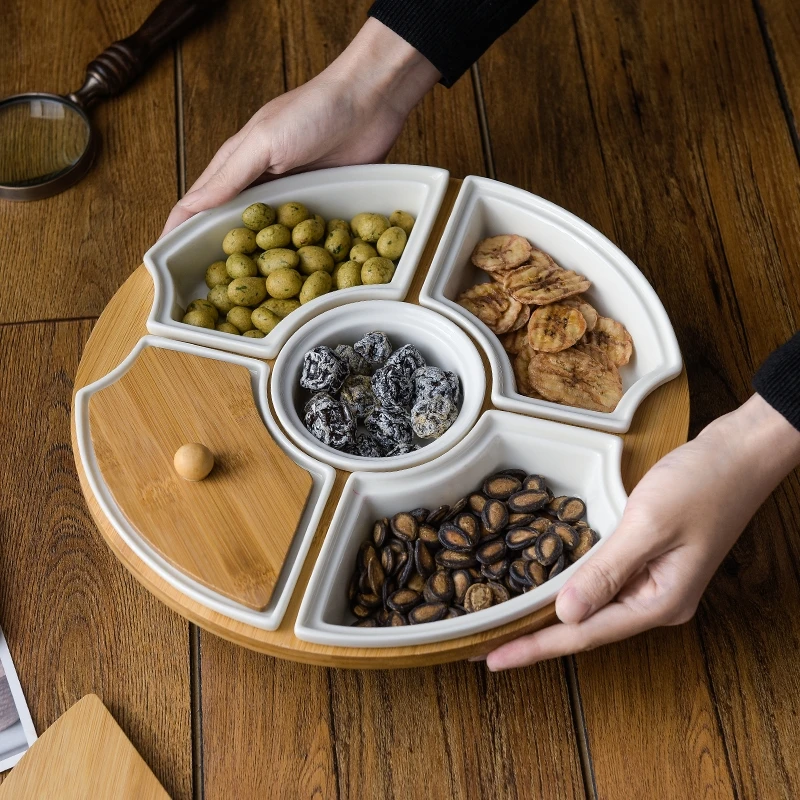 Nordic Art Ceramic Compartment Fruit Snack Tray with Lid Rotatable Tray  Living Room Office White Dried Fruit Candy Storage Box