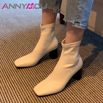 

ANNYMOLI Women Ankle Boots Shoes Square Toe Chunky Heels Short Boots Slip-On High Heel Stretch Boots Female Autumn Winter Black
