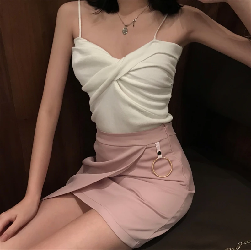 Women Fashion Solid Camis T Shirt Spring Summer Casual Backless Ladies Wrinkle Tops Tee Shirts Elegant V-neck Short Style Tops