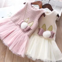 Осенне-зимнее бархатное платье с меховым помпоном и бантом для девочек, имитация норки детская одежда