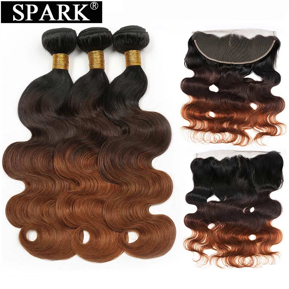 SPARK Human Hair Ombre Brazilian Body Wave Human Hair Bundles With Frontal Remy Human Hair Frontal With Bundles Medium Ratio