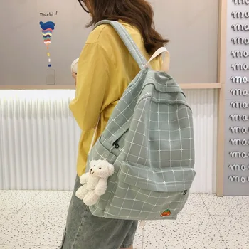 

QQD Canvas Grid Backpack Personality Solid School Bag Causal Travel Shouder Bag Multifunction Large Capacity Computer Backpack