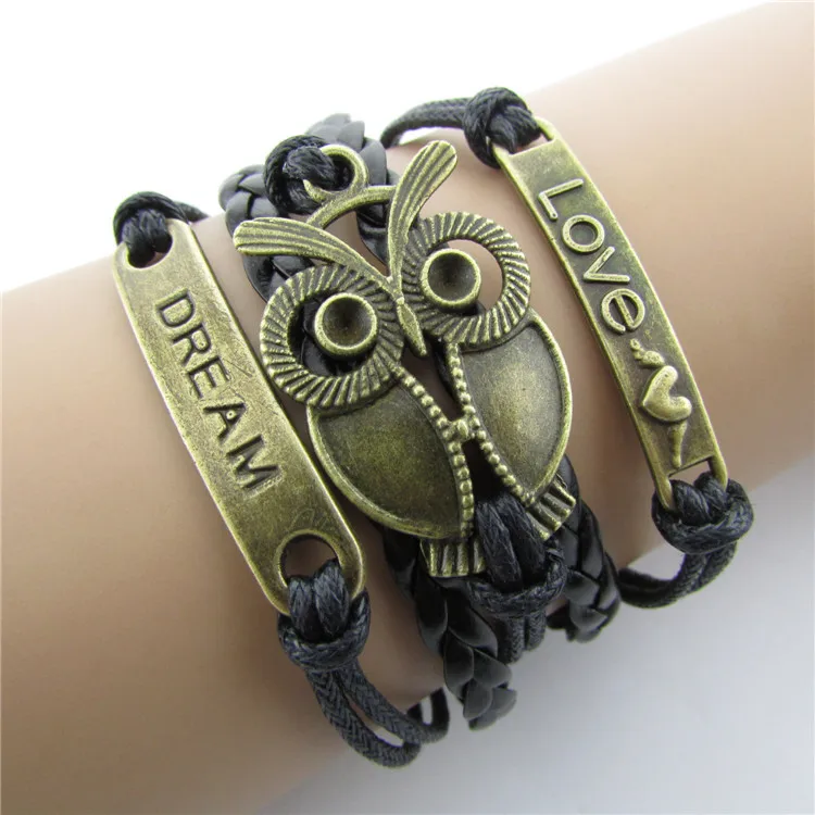

2020 jewelry love dream owl grass green leather rope woven men and women Bracelet gifts