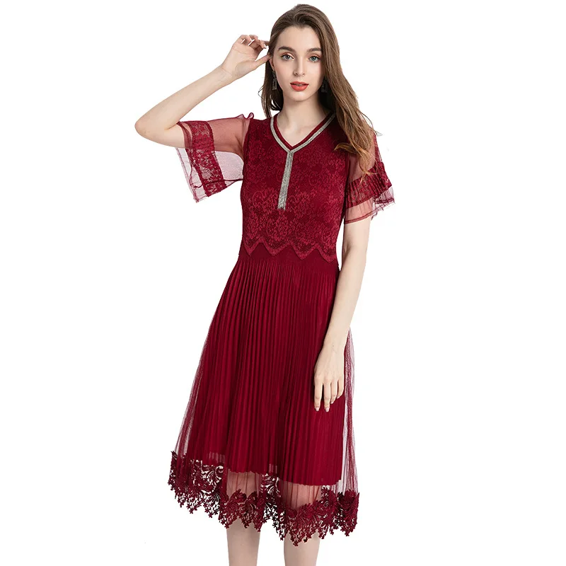 

Plus Size Dress Summer Women Solid Color Mesh Patchwork Elastic Miyake Pleated V-Neck Short Sleeves Slim A-Line Elegant Dress