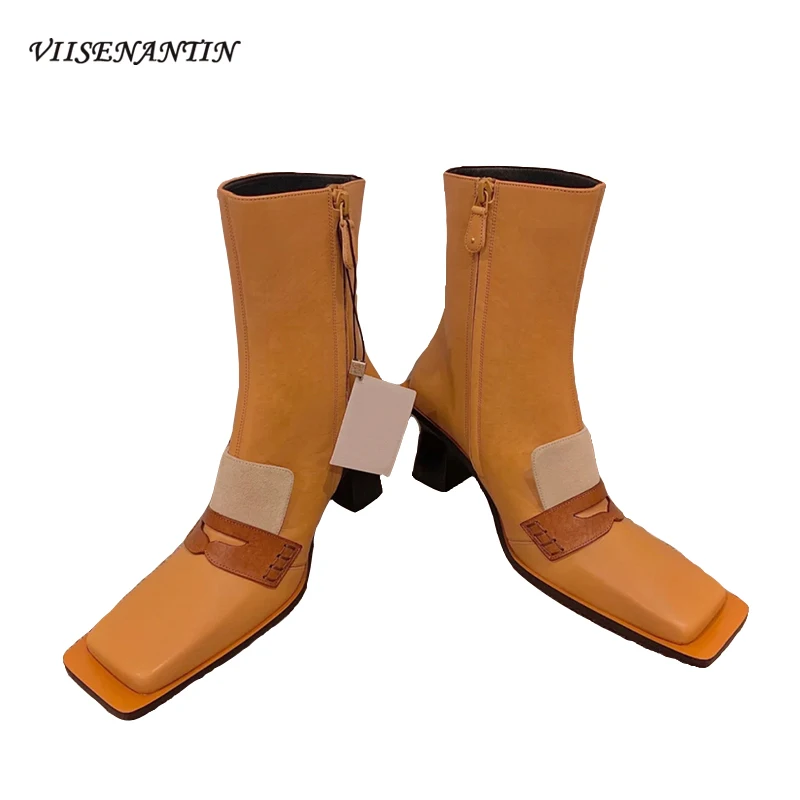 Retro Square Toe Caramel High Heel Women Shoes European and American Fashion Microfiber Zip All-match Mid-tube Ankle Boots | Обувь