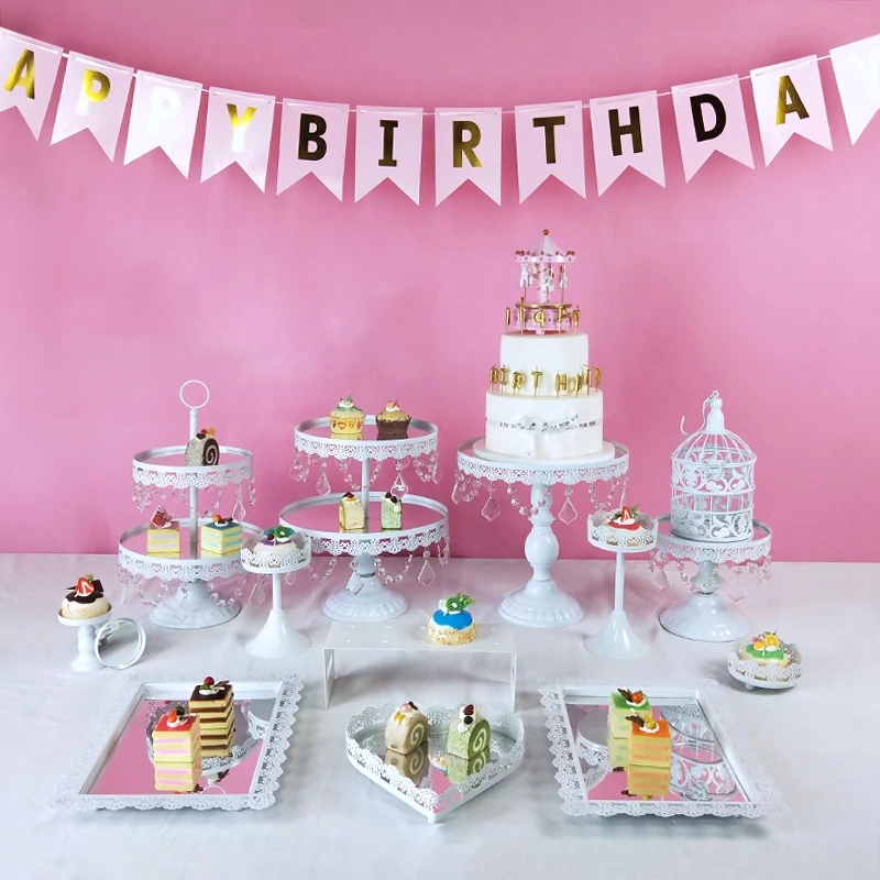 

mirrors white Cake Stand Set Round Metal Crystal Cupcake Dessert Display Pedestal Wedding Party Display