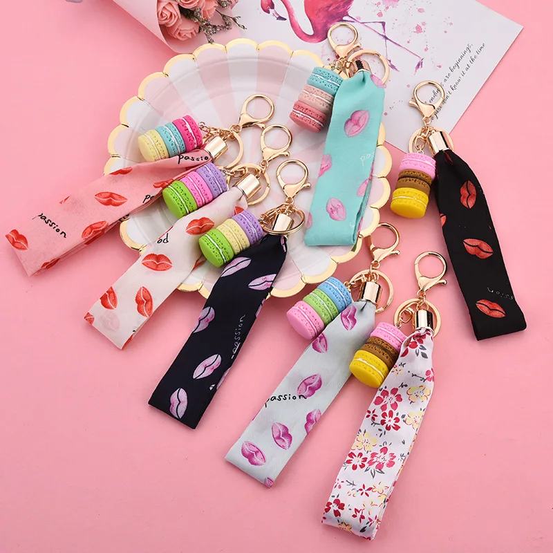 

Macaron Colorful Cake Keychain Bag Scarf Print Silk Scarf Women Small Bag Ribbon Key Chain for Women Pendent Jewelry Xmas Gift
