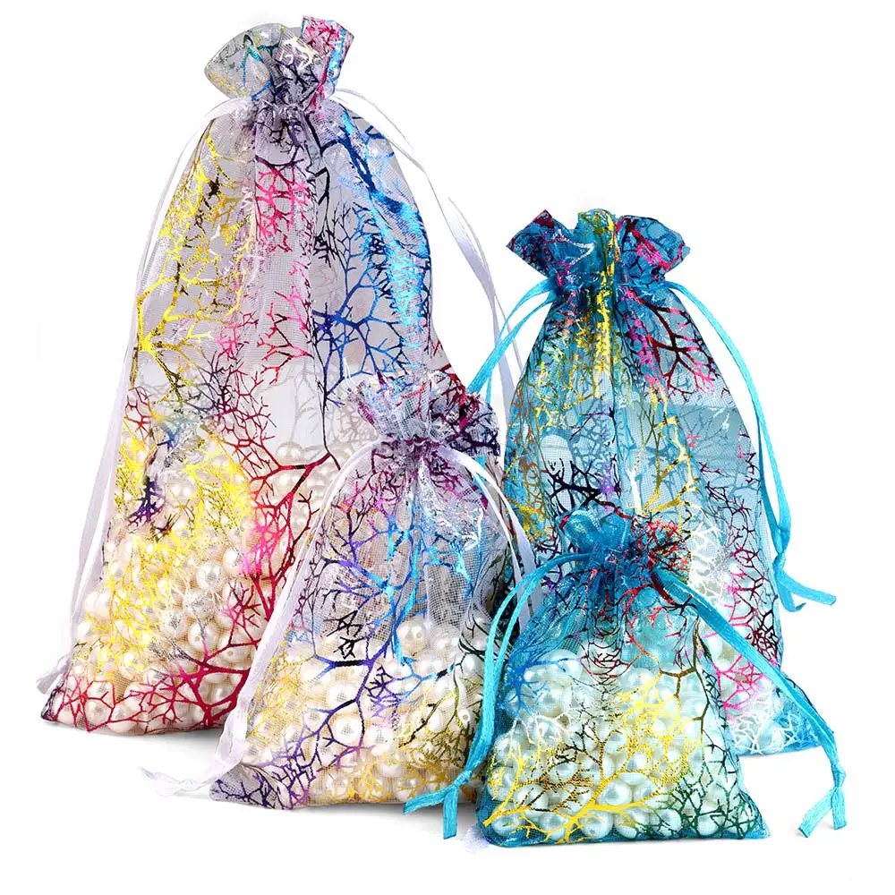 25 Stück/50 Stück Organza-Geschenkbeutel 7 x 9/9 x 12/10 x 15/13 x 18 cm Schmuckverpackungsbeutel Hochzeitsgeschenk ausziehbare Verpackungsbeutel mit Baummuster