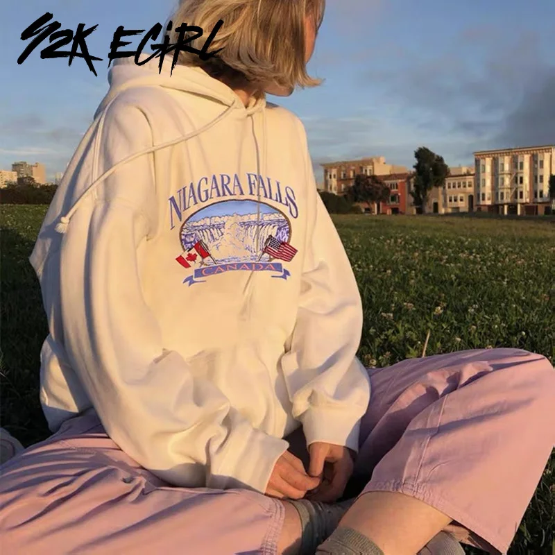 

Y2K EGIRL Vintage Graphic Oversized Hoodies 90s Aesthetics Loose Printing Long Sleeve Sweatshirts Casual White Tops Streetwear