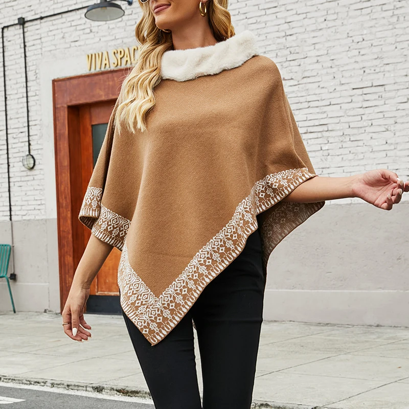 

New Women Autumn Winter Cloak Shawl Fur Collar Loose Wrap Oversize Pullover Sweater Brown Streetwear Aesthetic Vintage Cape