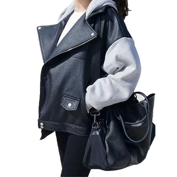 

2019 Spring Autumn Pu Leather Jacket Hooded Short Bomber Jacket Motorcycle Coat Women Loose Casual Jacket Leather Outerwear