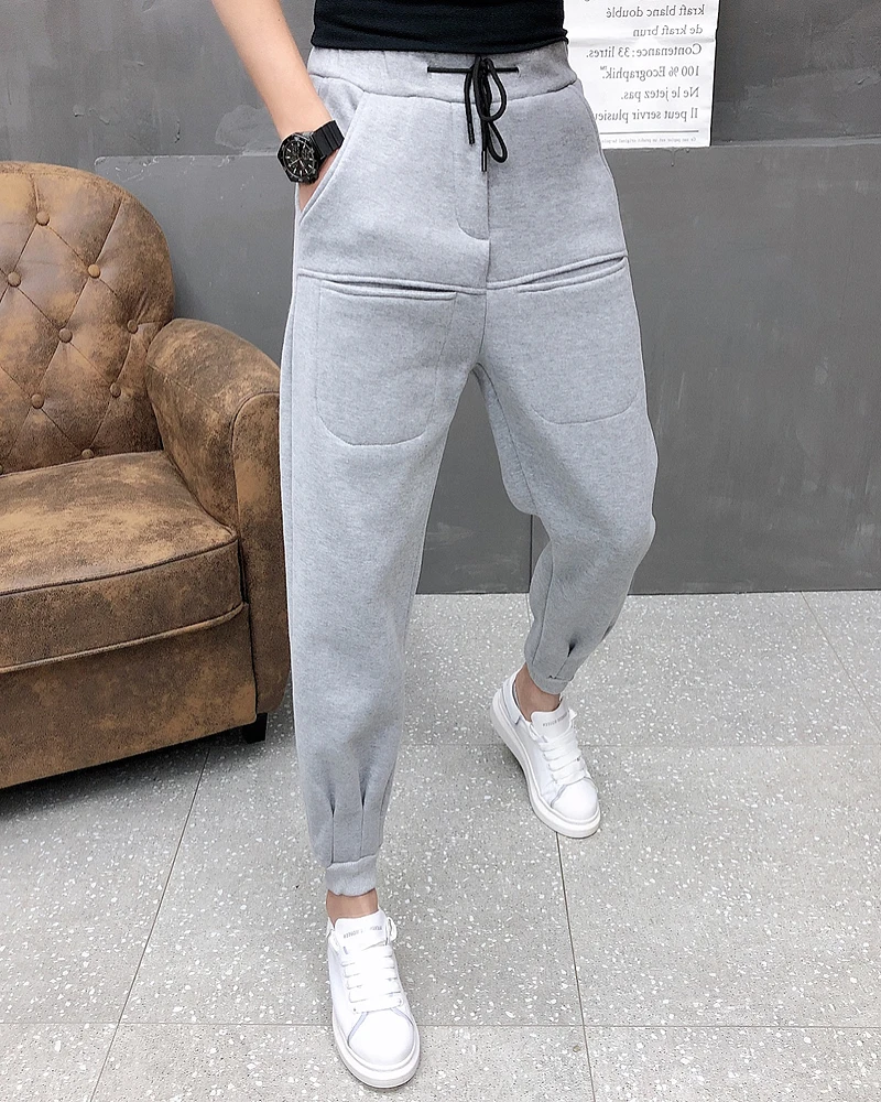 Light Gray Зимние плотные мужские спортивные штаны, модные дизайнерские штаны с карманами спереди, мужские повседневные универсальные штаны в стиле хип-хоп, мужские шаровары 36 - Цвет: Light Gray