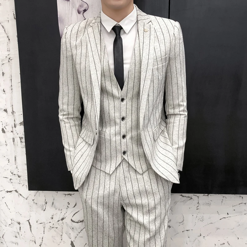 Striped men's suit 3-Pieces Blazers+Pant Fashion Korean Slim Fit Casual men's tuxedo wedding men suits groom suit business