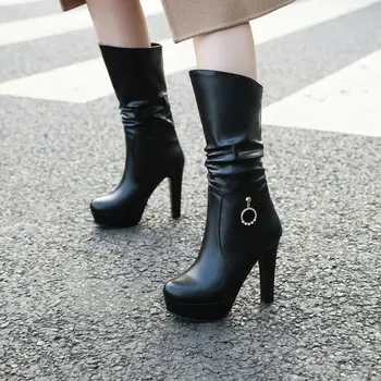 

New Ladies High Heels Mid Calf Boots Rhinestones Pull on Autumn Casual Shoes Plus Size