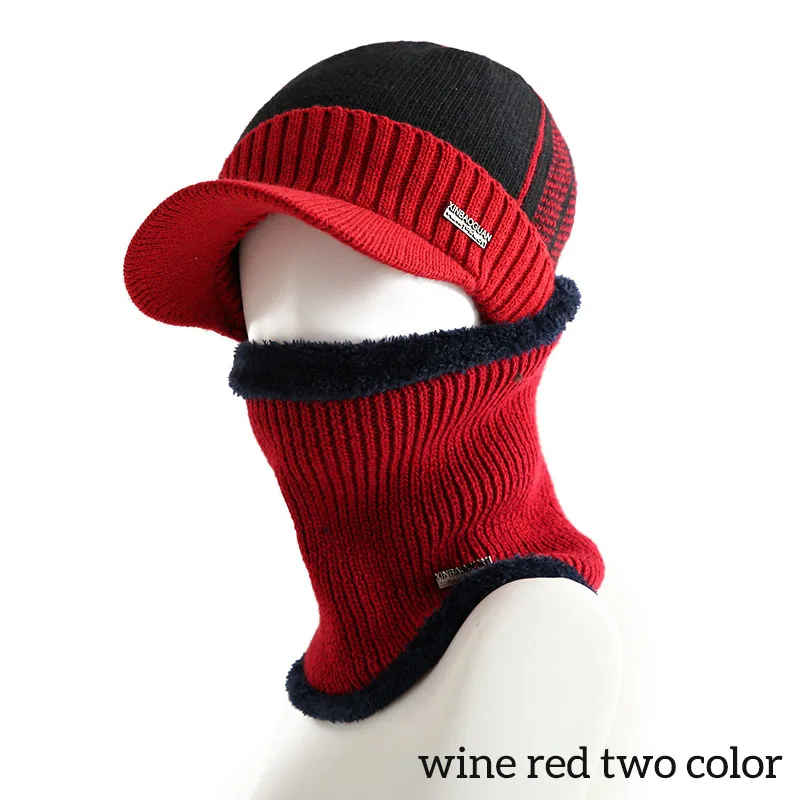 wine red two color Модные трендовые зимние шапки, шарф для мужчин, черепица шерсть, женская шапка, вязаная шапка, набор шарфов - Цвет: wine red two color