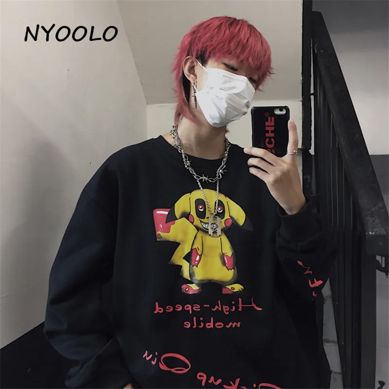 NYOOLO Harajuku стильные женские вязаный свитер с длинным рукавом и изображением мультфильмов теплые толстовки осенне-зимняя уличная мода плюс бархатные Пуловеры Толстовка для женщин и мужчин - Цвет: Черный