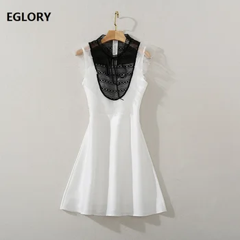 

Slim Fit & Flare Dress 2020 Summer High Quality Ladies Black Lace Color Block Sleeveless Sexy Ruffle White Club Dress Above Knee