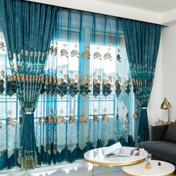 

European Velvet Embroidery Chenille Modern Tulle Window Curtain Valance Decorate Curtains for Living Room Bedroom
