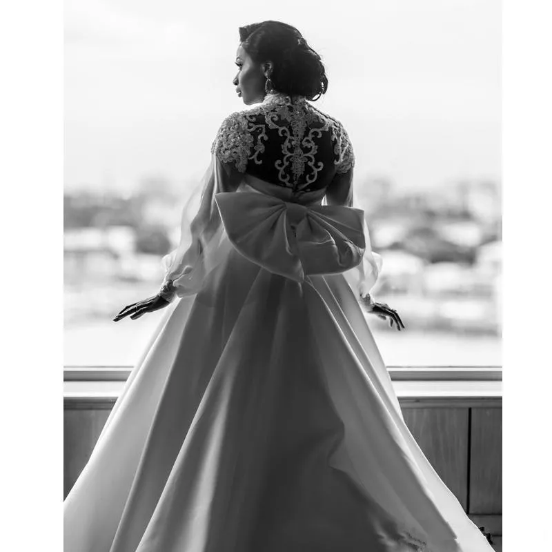 african-plus-size-wedding-dresses-satin-high-collar-flare-long-sleeve-big-bow-tie-3d-appliques-wedding-dress-with-sash-beaded-bridal-gowns (1)_副本