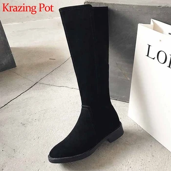 

Krazing pot new full grain leather round toe zipper basic clothing long boots all-match high fashion low heels riding boots L6f3