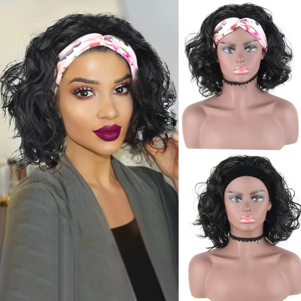 1Body Wave Short Curly Ponytail for&nbsp;Black&nbsp;Women Loose Wave Headband Wigs Headwrap Synthetic Natural Wave Turban Ponytail Hair Extension