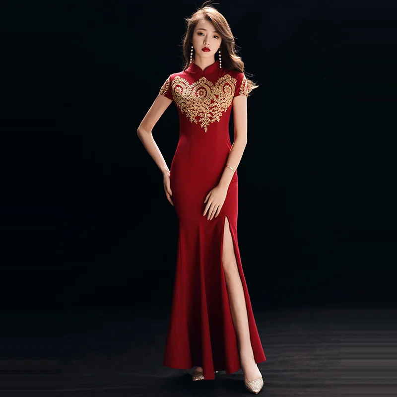 

Evening Dress Short Sleeve Women Party Dresses 2019 Sexy Split Sequin Robe De Soiree Solid High Collar Formal Evening Gowns F233