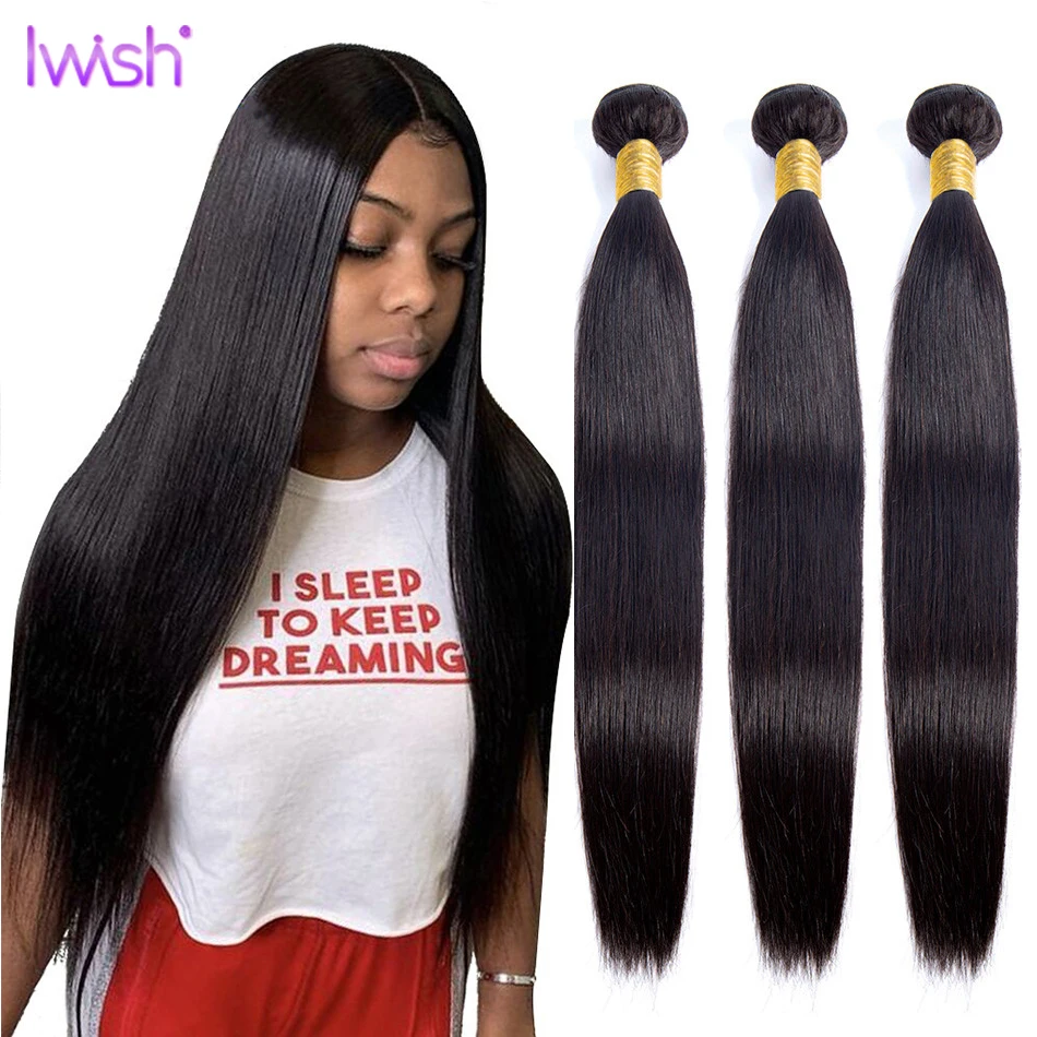 Liquidación IWISH-extensiones de cabello humano liso, cabello brasileño Remy, extensión de cabello humano 100%, 1/3/4 mechones AjXNegpaR5r