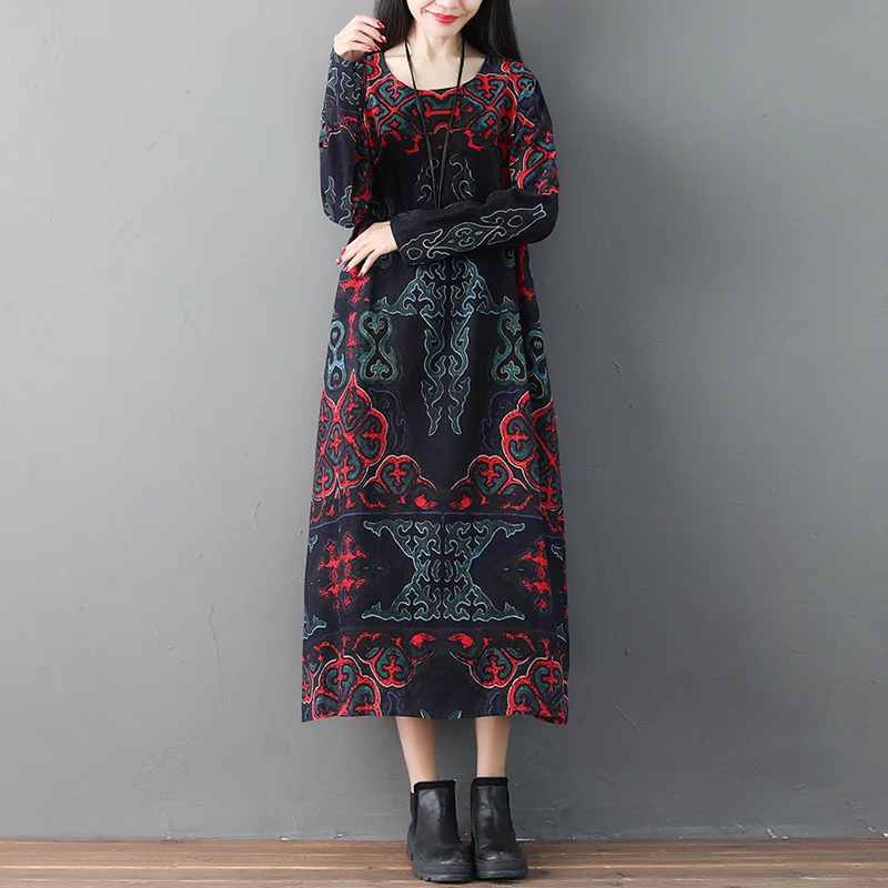 

Johnature Women O-neck Fashion Vintage Floral Print Cotton Linen Dress 2019 Autumn New Simple Casual Long Sleeve Female Dresses