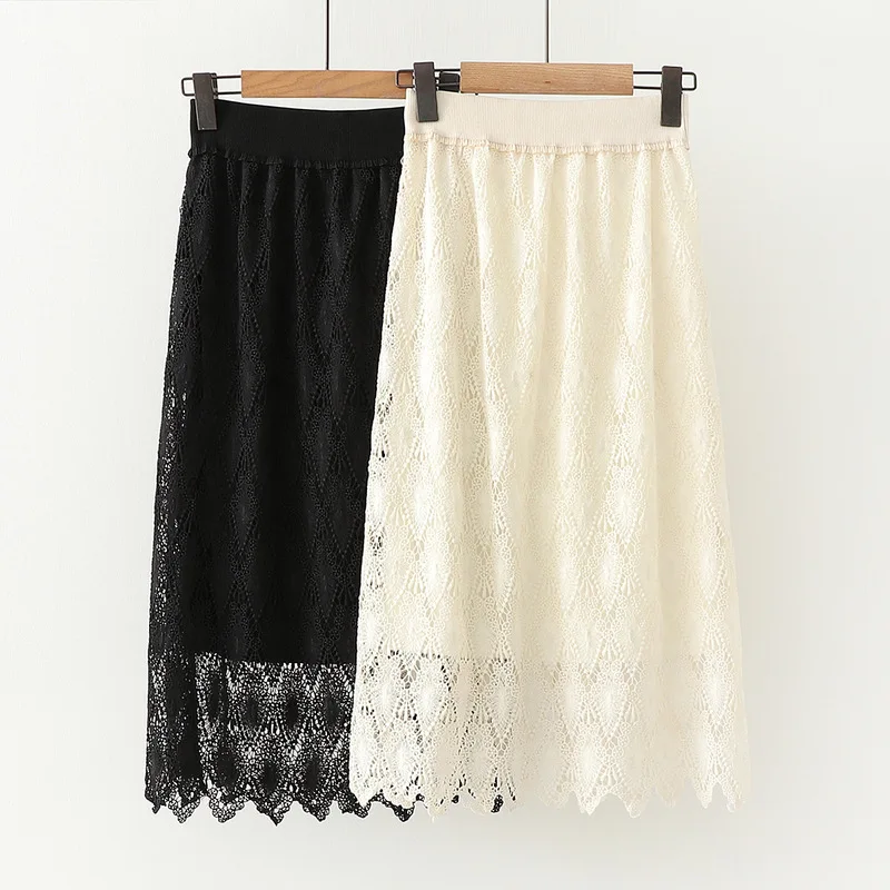 

New Style Elastic Waist Hollow out Rhombus Lace Skirt Autumn And Winter Women's Mid-length A- line Skirt Gauze Skirt S29942