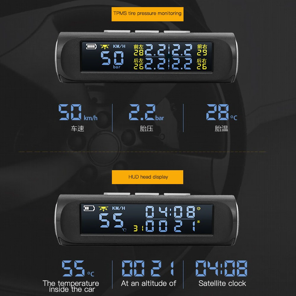 Автомобильный HUD gps дисплей, измеритель скорости, солнечная зарядка, TPMS(бар)/км/ч/температура в шинах, светодиодный, цифровой, автоматический сигнал о превышении скорости