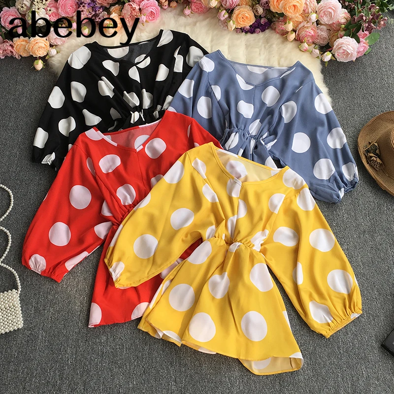2021 New Spring Autumn Korean V-Neck long sleeve Shirt elastic waist pleated polka dot print loose casual Top | Женская одежда