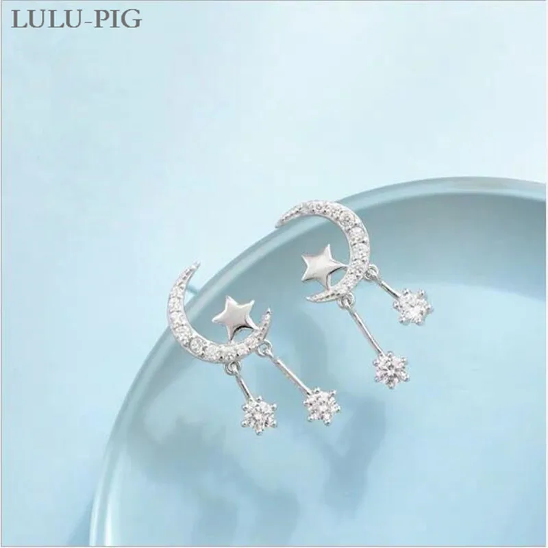 LULU-PIG Модные серьги для женщин 925 Серебряный микро-набор звезда и луна серьги с кисточками гипоаллергенный 9M-11