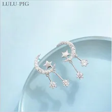 LULU-PIG Модные серьги для женщин 925 Серебряный микро-набор звезда и луна серьги с кисточками гипоаллергенный 9M-11
