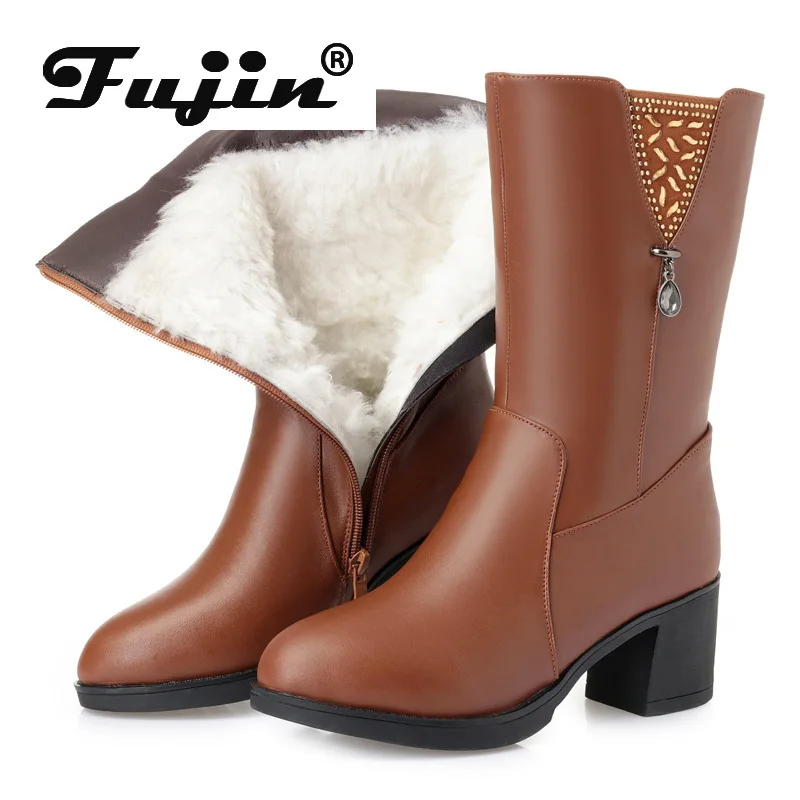 

Fujin Snow Boots Genuine Leather Wool Women Fashion Warm Fur Warm Shoes Mid Calf Boots Solid Platform for Women Winter Boots