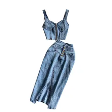 

2021Fashion new high quality Women Jeans Vest+Skirts Sets Straps Tops Buttons Denim Skirt Suits foSummer Frenchr Woman