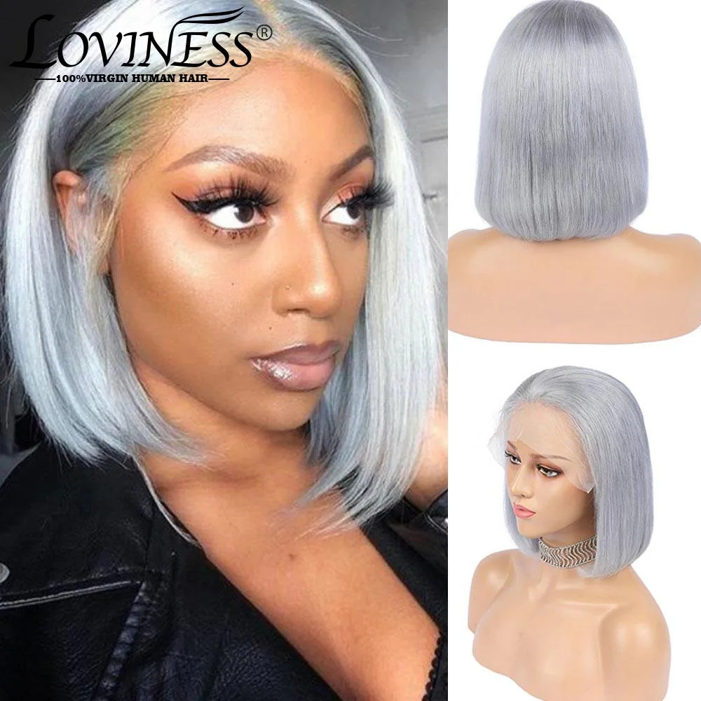 Frente do Laço Perucas de Cabelo Brasileiro do Laço Cinza Curto Peruca 180% Densidade Parte Livre Humano Ombre Destaque Reto Perucas 13x4 Bob 4 Cinza 13x4 frente do laço curto bob