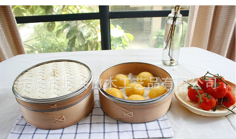 Бамбуковая Пароварка с окантовкой из нержавеющей стали Dim Sum, посуда для рыбы, пароварка, подставка для кастрюль, корзина для паровой посуды, деревянные булочки
