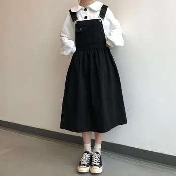 

Summer Dress Women Sleeveless Street Wear Preppy Style Kawaii Long Sundress With Pockets vestidos Black Khaki Tank Strap Dress