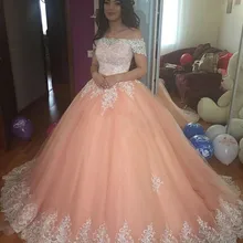 Персик розовые платья Quinceanera бальное платье с кружевными аппликациями, задняя часть корсета с открытыми плечами милые 16 платье День рождения Бальные платья