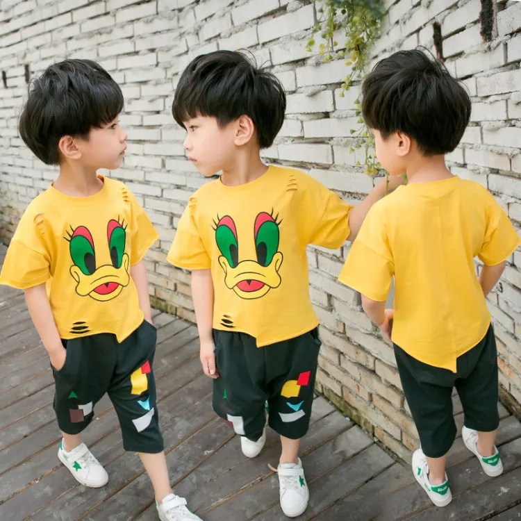 

2019 Summer Wear New Style Short Sleeve Set BOY'S Fashion Donald Duck Cartoon T-shirt Children Kids Clothes Two-Piece Set 3