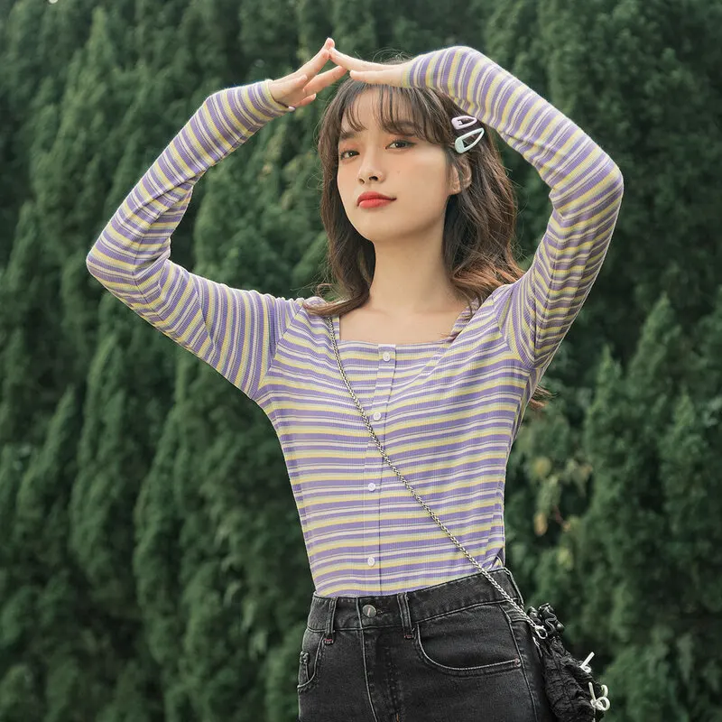 INMAN Autumn Winter Tees Women's Rainbow Stripe Basic T-shirt Slim Versatile Square Collar Long Sleeve Cotton Top | Женская одежда