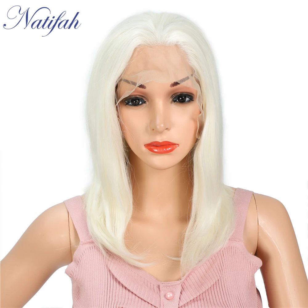 Natifah Peruka Blonde Wig Short Synthetic Lace Front Wig 150%Density Free Part High Tempreter Fiber Cosplay Wigs For Women - Цвет: 1001