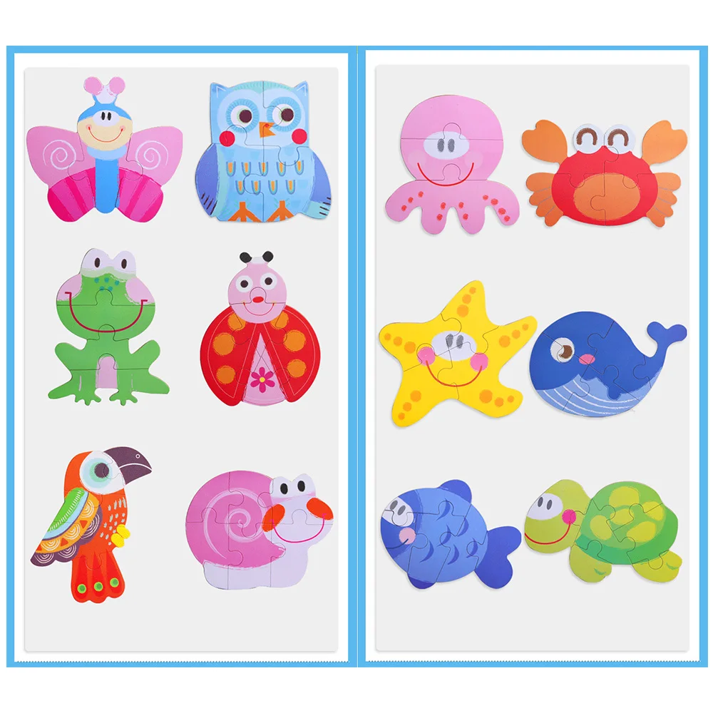 

Kids Puzzle Toy Cartoon Animals Learning Education Wooden Toys 6 in 1 Educational Toy with Iron Boxs For Children Birthday Gifts