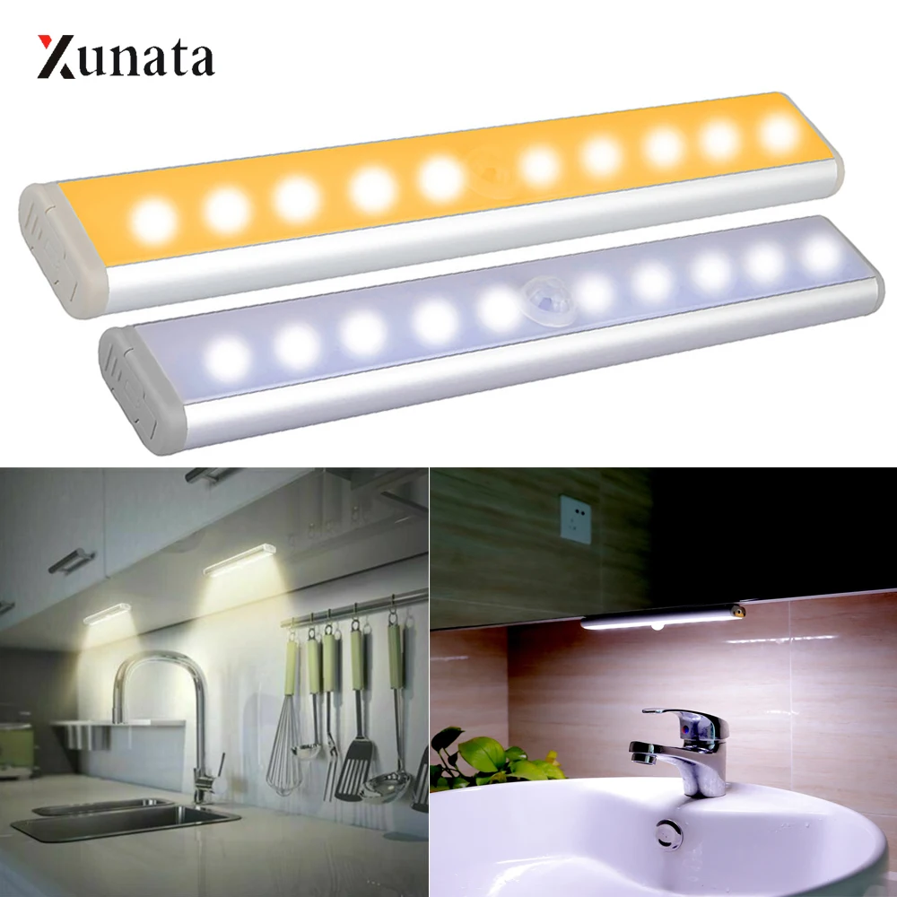 Led Cabinet Light PIR Motion Sensor 10 LEDs Battery Powered Wireless Wardrobe Kitchen | Лампы и освещение