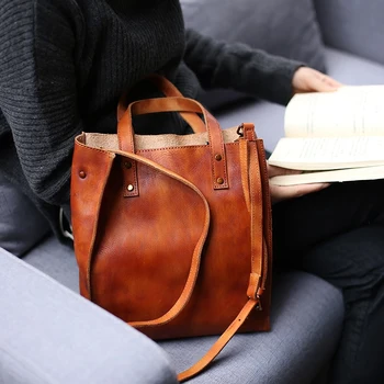 

Handmade cowhide tote bag women's leather first layer cowhide tote bag women's vertical large capacity casual soft leather bag