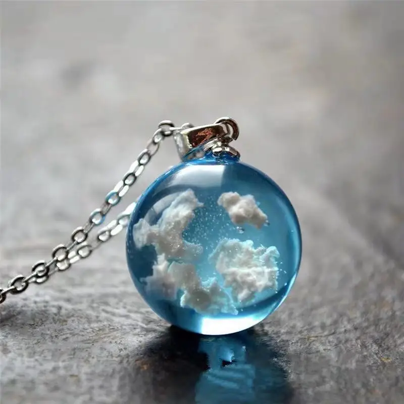 Chic Transparent Resin Rould Ball Moon Pendant Necklace Women Blue Sky White Cloud Chain Necklace Fashion Jewelry Gifts for Girls_voghion.com
