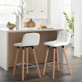 

2X White Bar Stool with Back Rest Faux Leather Seat Breakfast Kitchen Chair Dining Restaurant Counter Bar Chairs Solid Beech Leg