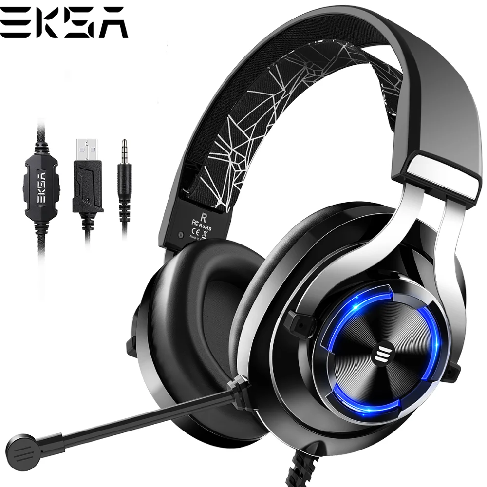 E3000-Black EKSA E3000 Геймерская Гарнитура, игровая гарнитура, 3,5 мм, двойной разъем, наушники с поворотным микрофоном, RGB Светодиодный светильник для PS4, ПК, Xbox - Цвет: E3000-Black